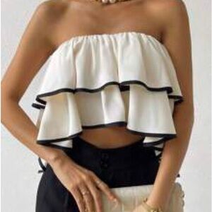 Black and White Strapless Ruffle Top